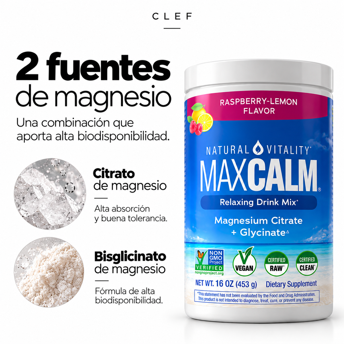 MAXCALM | Mezcla de magnesio en polvo frambuesa-limón | CLEF
