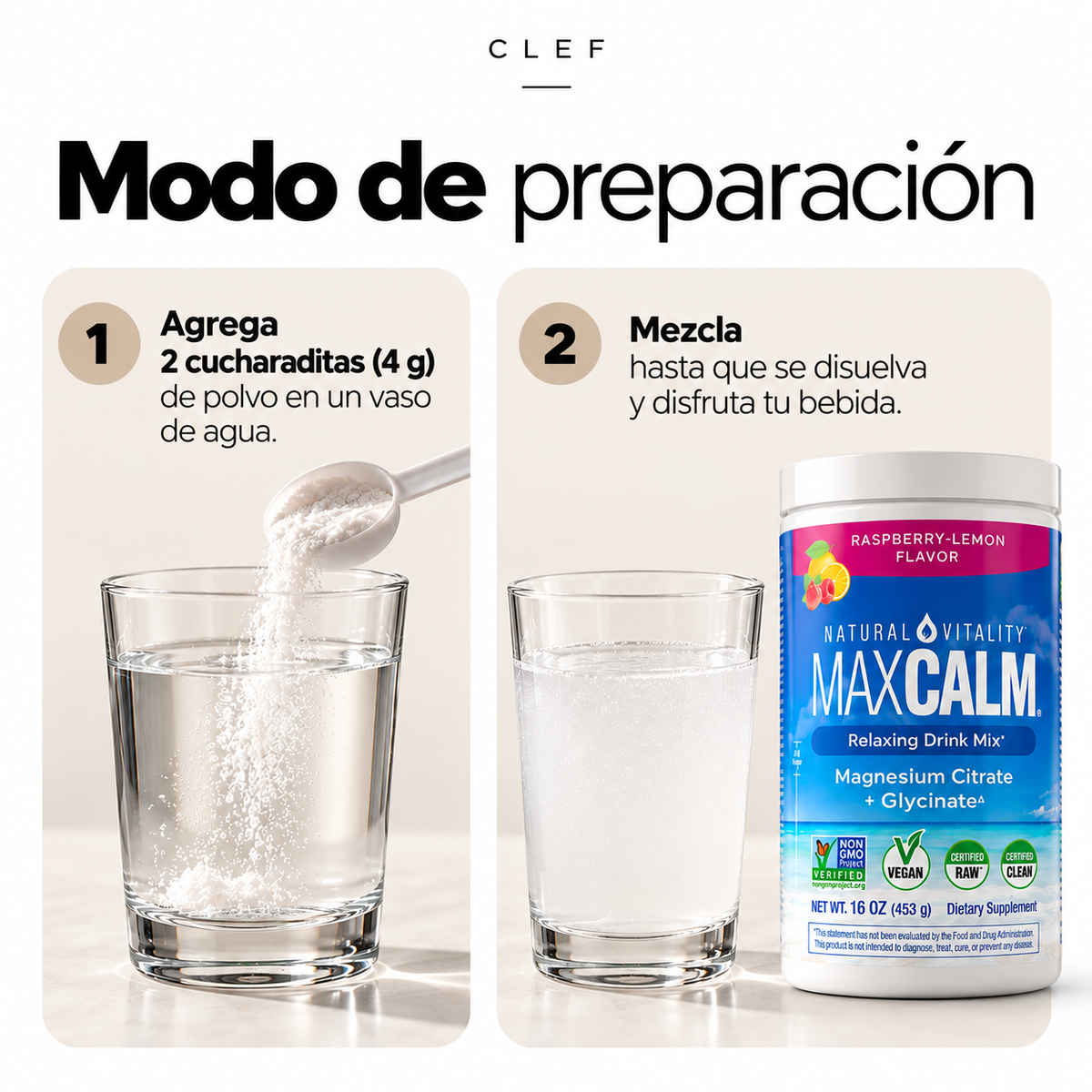 MAXCALM | Mezcla de magnesio en polvo frambuesa-limón | CLEF