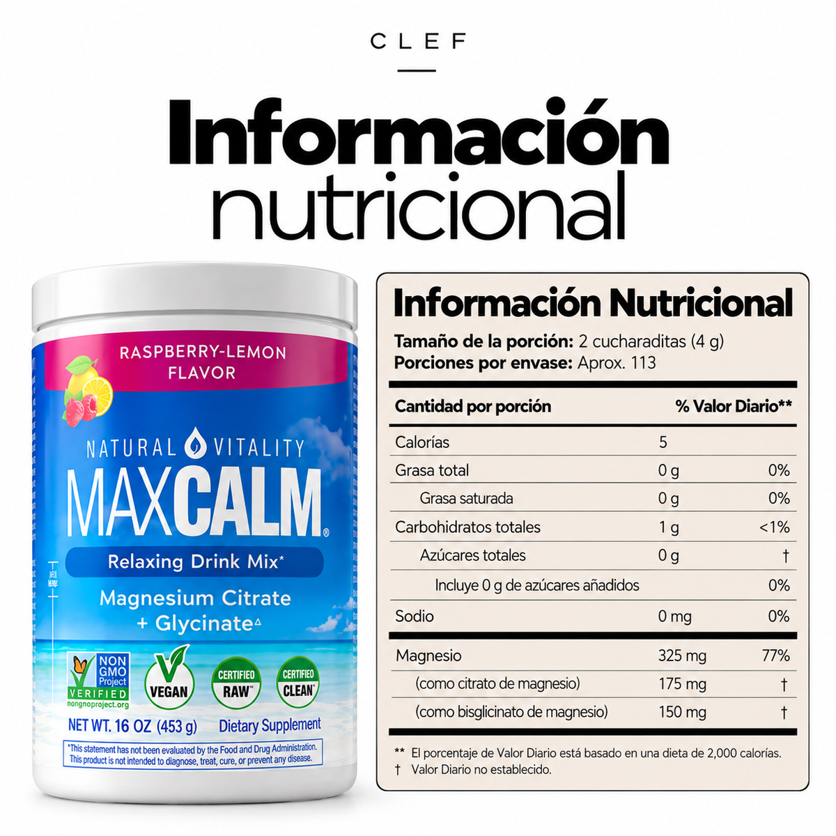 MAXCALM | Mezcla de magnesio en polvo frambuesa-limón | CLEF